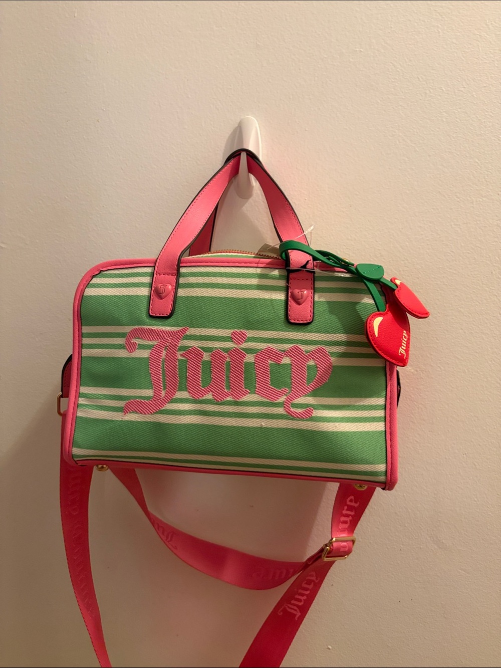 Juicy Couture Pink & Green Striped Logo Crossbody Satchel
